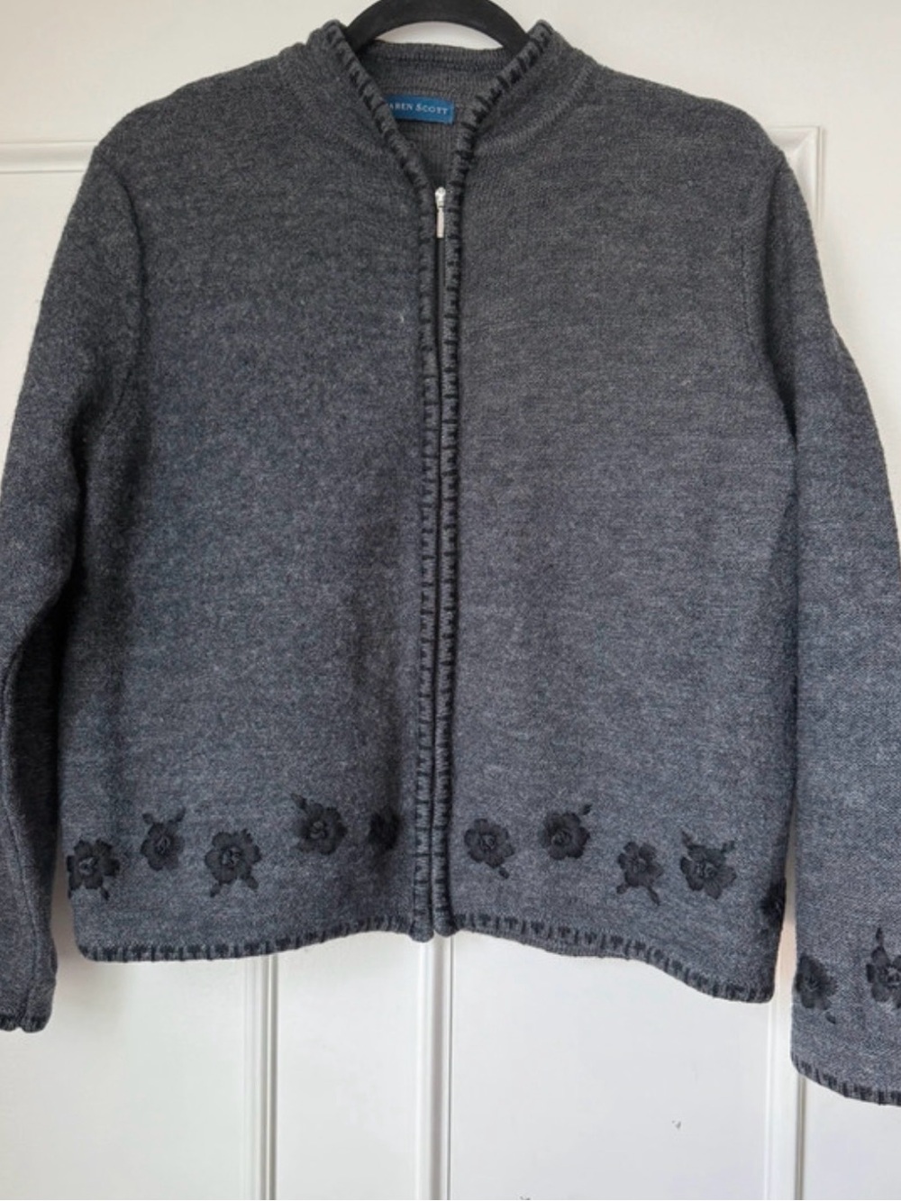 Karen Scott Dark Gray Zip-Front Cardigan with Floral Trim